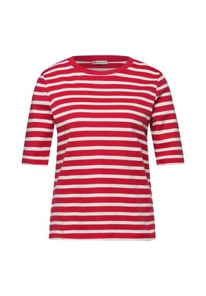 Chemise à manches courtes à rayures horizontales rouges et blanches avec un col rond, portant l'étiquette « Street One ».