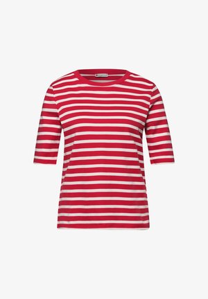 Chemise à manches courtes à rayures horizontales rouges et blanches avec un col rond, portant l'étiquette « Street One ».