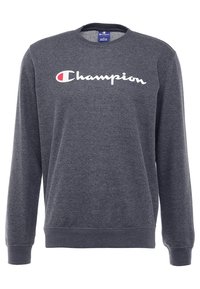 Sudadera gris hecha de una mezcla de algodón, con cuello redondo, mangas largas y un logo blanco de "Champion" en el pecho.