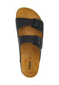 Sandale bi-stap noire avec deux boucles réglables, semelle intérieure en suède marron et rembourrage. Comprend un logo imprimé et une marque de taille.