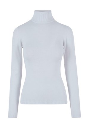 Maglione a collo alto grigio chiaro realizzato in un morbido tessuto a coste. Presenta maniche lunghe, una forma aderente e un colletto alto e avvolgente.