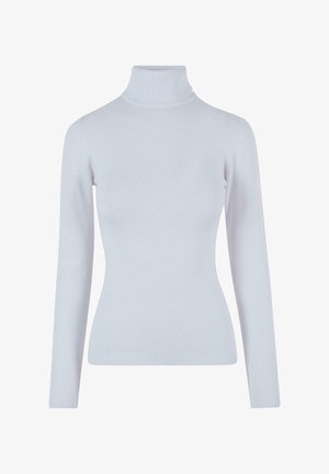 Maglione a collo alto grigio chiaro realizzato in un morbido tessuto a coste. Presenta maniche lunghe, una forma aderente e un colletto alto e avvolgente.