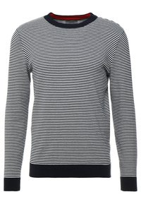 Maglione a righe blu navy e bianche con maniche lunghe, collo a giro e polsini a coste. Il tessuto sembra morbido con un dettaglio contrastante all'interno del collo.
