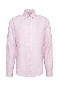 Chemise rose clair à manches longues avec col classique et boutons blancs, présentée sur un fond blanc uni.