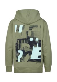 Olivgrüner Hoodie mit einem großen Grafikdruck auf der Rückseite in Schwarz und Hellblau, mit gerippten Bündchen und Saum. Hergestellt aus weichem Baumwollmaterial.