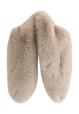 Faux-Fur-Ohrwärmer in hellbeige, mit einer weichen, flauschigen Textur und runden Kanten. Symmetrische Form ohne sichtbare Hardware.