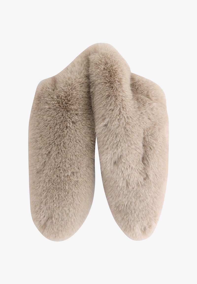 Synthetische bont oorkappen in lichtbeige, met een zachte, pluizige textuur en afgeronde randen. Symmetrische vorm zonder zichtbare hardware.