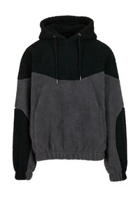 Mustmust ja halli sherpa fliisist kapuutsiga jakki, millel on reguleeritavad paelad, elastsed mansetid ja ees kangaroo tasku.