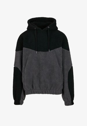Schwarze und graue Sherpa-Fleece-Hoody mit Kordelzügen, elastischen Bündchen und einer Kängurutasche vorne.