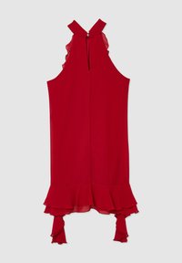 Rotes ärmelloses Kleid aus leichtem Stoff, mit einem Schlüsselloch-Ausschnitt am Rücken, Rüschendetails an den Schultern und einem ausgestellten Saum.