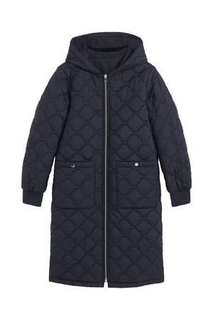 Manteau long matelassé marine avec une fermeture éclair à l'avant, une capuche, deux poches à bouton-pression et des poignets côtelés. Motif en losanges texturé sur l'ensemble.