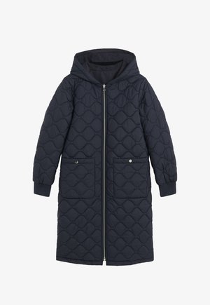 Abrigo largo acolchado en color marino con cremallera frontal, capucha, dos bolsillos con botones a presión y puños acanalados. Patrón de diamante texturizado en toda la prenda.