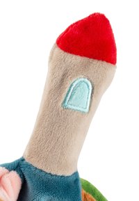 Plush toy featuring a beige body, red tip, and an embroidered blue window detail. Textured fabric with contrasting colors of green and blue.
