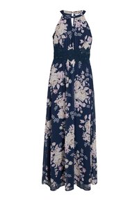 Robe maxi bleu marine sans manches avec imprimé floral rose pâle, encolure américaine, ouverture goutte à l'avant et détail ceinture en dentelle.