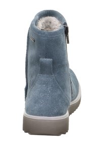 Blaue Wildleder-Stiefeletten mit grau gefüttertem Innenfutter, Reißverschluss vorne und einer niedrigen, strukturierten Gummisohle. Verfügt über einen subtilen Glitzereffekt.