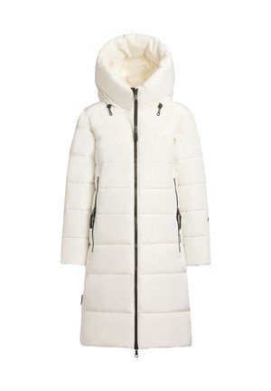 White puffer coat with a hood, featuring a zip front, side pockets, quilted pattern, and black zipper accents. Smooth, textured fabric.