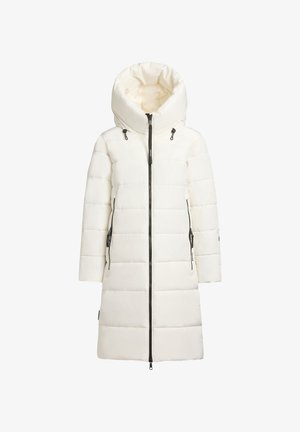 White puffer coat with a hood, featuring a zip front, side pockets, quilted pattern, and black zipper accents. Smooth, textured fabric.