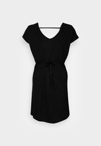 Schwarzes V-Ausschnittkleid mit kurzen Ärmeln, elastischem Bund und Zugband. Glatte Textur, knielang und lässiger Schnitt.