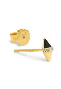 Goldfarbene Steckerohrringe mit einem dreieckigen schwarzen Stein und drei klaren Kristallen an der Basis; beinhaltet eine abgerundete Rückseite.