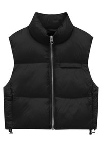 Black padded vest with a high collar, full front zipper, and a side pocket. Features adjustable drawcords at the hem. Smooth texture.