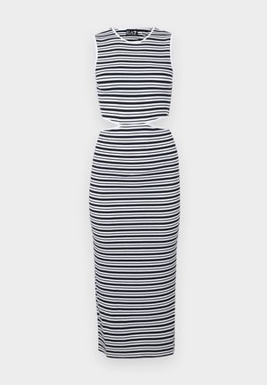 Abito senza maniche a righe con righe orizzontali blu navy e bianche, dettaglio con vita a taglio e design aderente. Materiale morbido e elasticizzato.