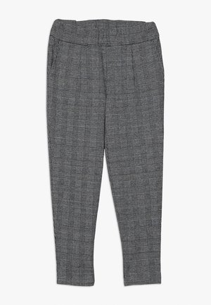 Gray checkered trousers with a lightweight fabric, featuring a smooth texture, tapered legs, and a wide elastic waistband.