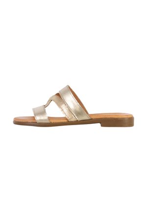Sandal in metallo dorato con due strap parallele, suola piatta e sottopiede beige. Texture liscia con dettagli minimi e design informale.