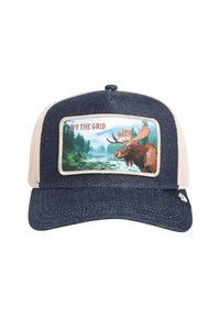 Marineblauwe denim truckerpet met beige mesh achterkant, voorzien van een geborduurd elandpatch en de tekst "OFF THE GRID", met een vlakke klep.