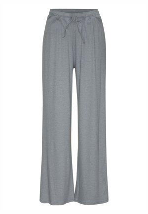 Graue weit geschnittene Hose aus weichem Stoff mit elastischem Bund und Kordelzug. Bietet einen lockeren Sitz für Komfort und Bewegungsfreiheit.