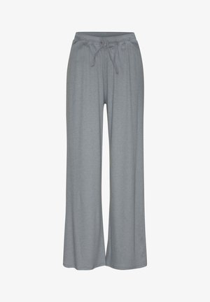 Graue weit geschnittene Hose aus weichem Stoff mit elastischem Bund und Kordelzug. Bietet einen lockeren Sitz für Komfort und Bewegungsfreiheit.