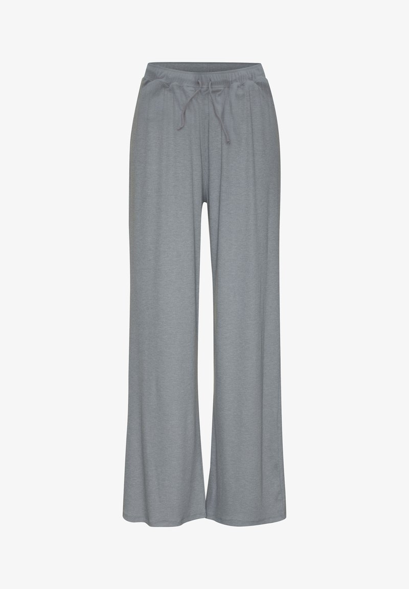 Harmaat leveät housut, jotka on valmistettu pehmeästä kankaasta ja joissa on joustava vyötärö ja naru. Ominaisuutena rento istuvuus mukavuutta ja liikkumisen helppoutta varten.