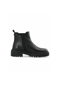 Botas de cuero negro hasta el tobillo con suela gruesa, cremallera lateral y un lazo en la parte posterior para facilitar su uso. Textura suave y diseño minimalista.