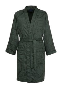 Accappatoio verde con motivo paisley, maniche lunghe, cintura a fusciacca e due tasche frontali. Realizzato in un tessuto morbido con una finitura testurizzata.