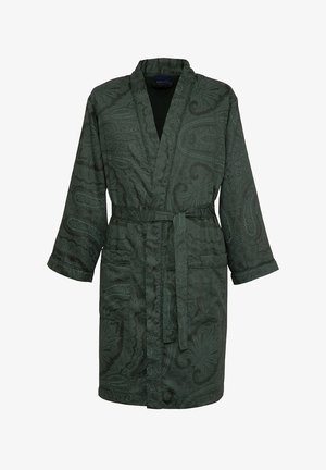 Peignoir de bain vert à motif cachemire, avec des manches longues, une ceinture à nouer et deux poches devant. Fabriqué en tissu doux avec une finition texturée.