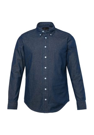 Camicia in denim blu scuro con maniche lunghe, colletto button-down e chiusura frontale con bottoni. Presenta una texture liscia e orlo arrotondato.