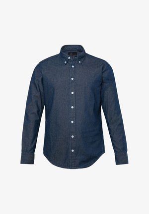 Tmavě modrá džínová košile s dlouhými rukávy, zapínání na knoflíky a límec se zapínáním na knoflíky. Má hladkou strukturu a zaoblený lem.