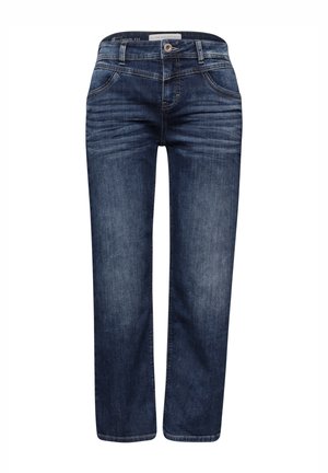 Dunkelblaue, lässige Denim-Jeans mit Fronttaschen, Gürtelschlaufen und Knopfverschluss.