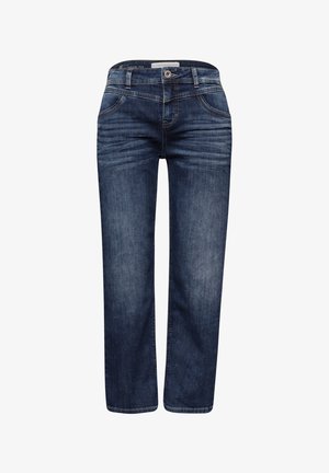 Dunkelblaue, lässige Denim-Jeans mit Fronttaschen, Gürtelschlaufen und Knopfverschluss.