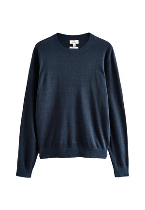 Mann mit kurzen dunklen Haaren und Bart, der einen blauen Pullover trägt und leicht nach oben und zur Seite schaut vor einfachem Hintergrund.