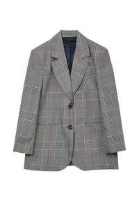 Blazer grigio a quadri con motivi a check neri e rosa, due tasche frontali, colletto a scollatura a V, chiusura con un bottone e una texture di tessuto liscia.