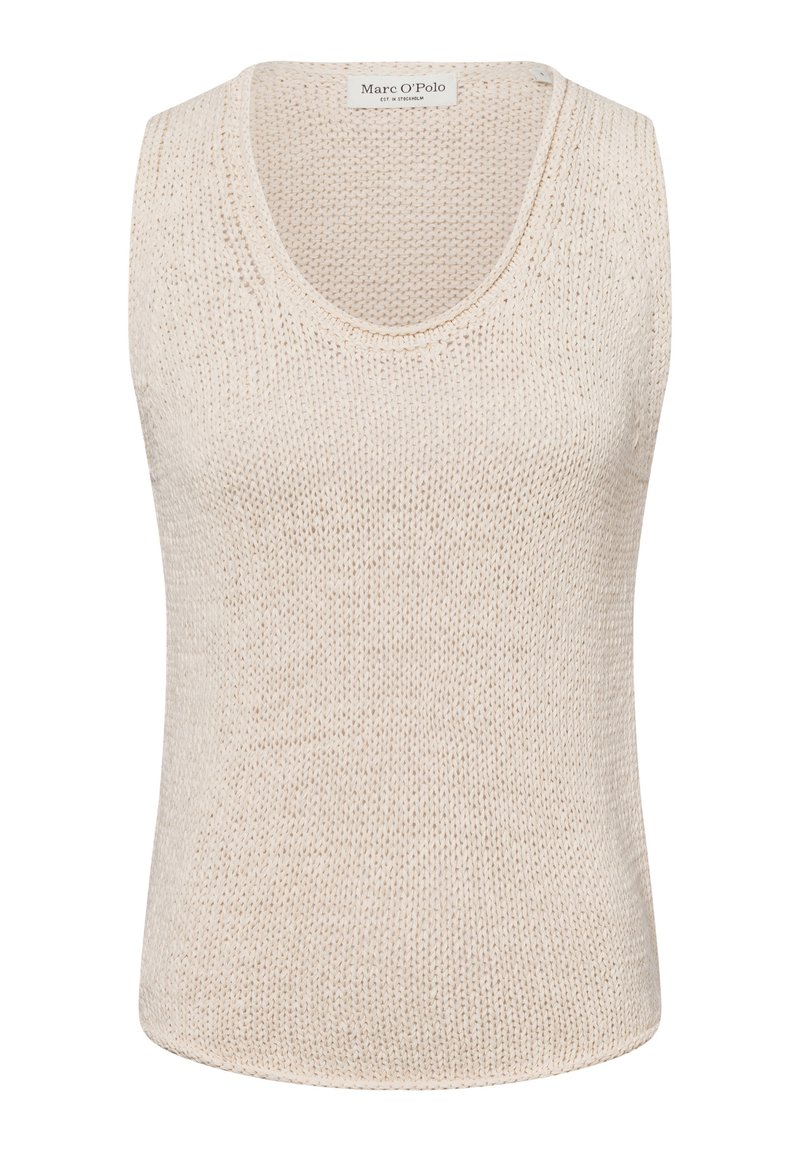 Top in maglina beige senza maniche con scollatura rotonda, texture morbida e vestibilità rilassata. Design pulito con dettagli di cucitura visibili.