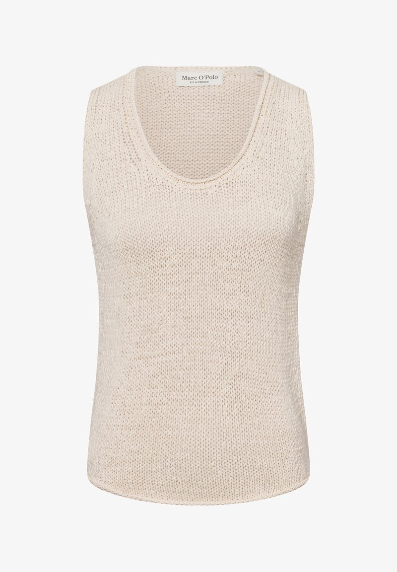 Top in maglina beige senza maniche con scollatura rotonda, texture morbida e vestibilità rilassata. Design pulito con dettagli di cucitura visibili.