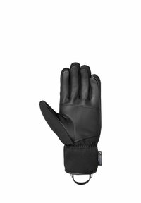 Zwarte leren handschoen met een zachte textiele manchet, voorzien van een vijfvingerontwerp en een gevoerde palm voor warmte en grip.