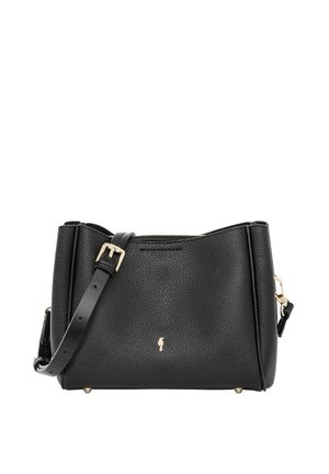 Czarna torebka na ramię z fakturowanej skóry, z regulowanym paskiem, złotą klamrą, małym złotym logo i zamkiem błyskawicznym na górze.