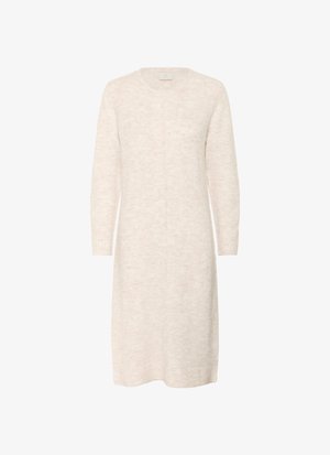 Robe à manches longues, longueur genou, en tissu tricot doux et léger de couleur rose pâle avec un motif subtil et des poignets côtelés, dotée d'un col rond et de détails de couture centrale.