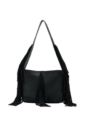 Geantă de umăr din piele neagră cu franjuri lungi pe ambele părți, cu o textură fină și o singură bretea, concepută pentru utilizare casual.