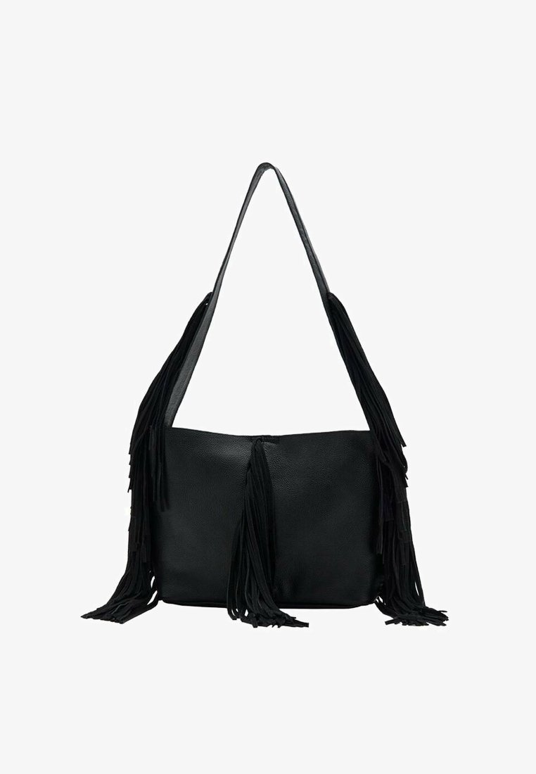 Sac à bandoulière en cuir noir avec de longues franges des deux côtés, une texture lisse, et une seule bandoulière, conçu pour un usage décontracté.