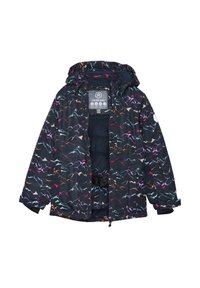 Giacca nera con motivi montani colorati, dotata di cappuccio, chiusura con zip e multiple tasche. Interno foderato per il calore.