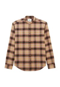 Chemise à manches longues à carreaux dans des tons de marron, orange et vert, avec un col boutonné et un ourlet arrondi. Fabriquée en tissu doux.