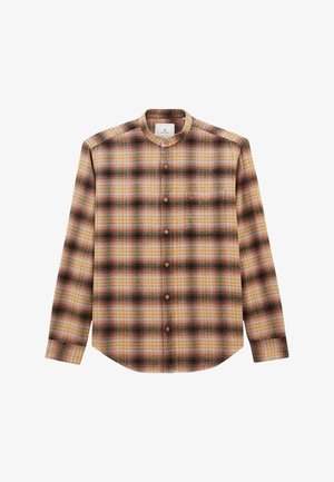 Chemise à manches longues à carreaux dans des tons de marron, orange et vert, avec un col boutonné et un ourlet arrondi. Fabriquée en tissu doux.
